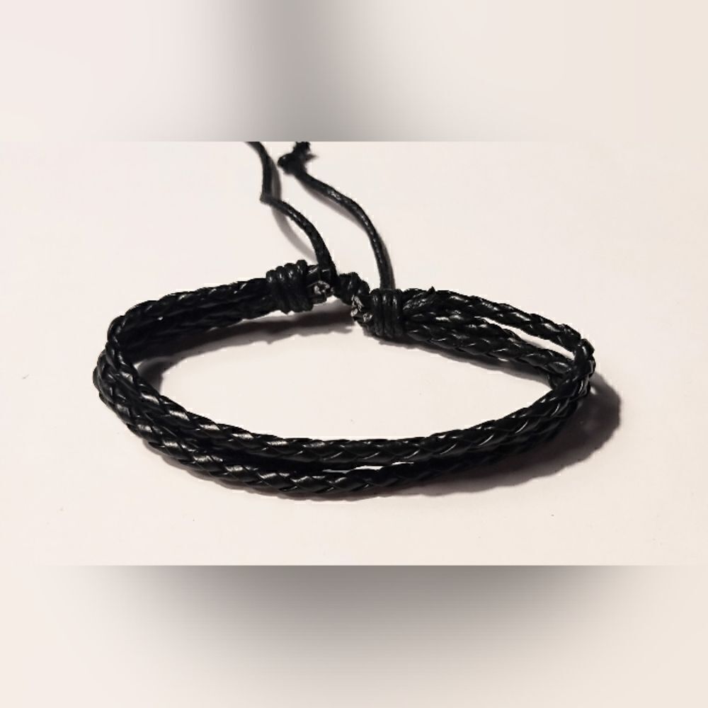 Men's bracelet leather‎ braided layered black new d42